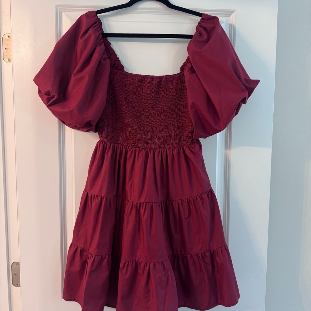 Entro Puff Sleeve Tiered Dress in Deep Wine Red